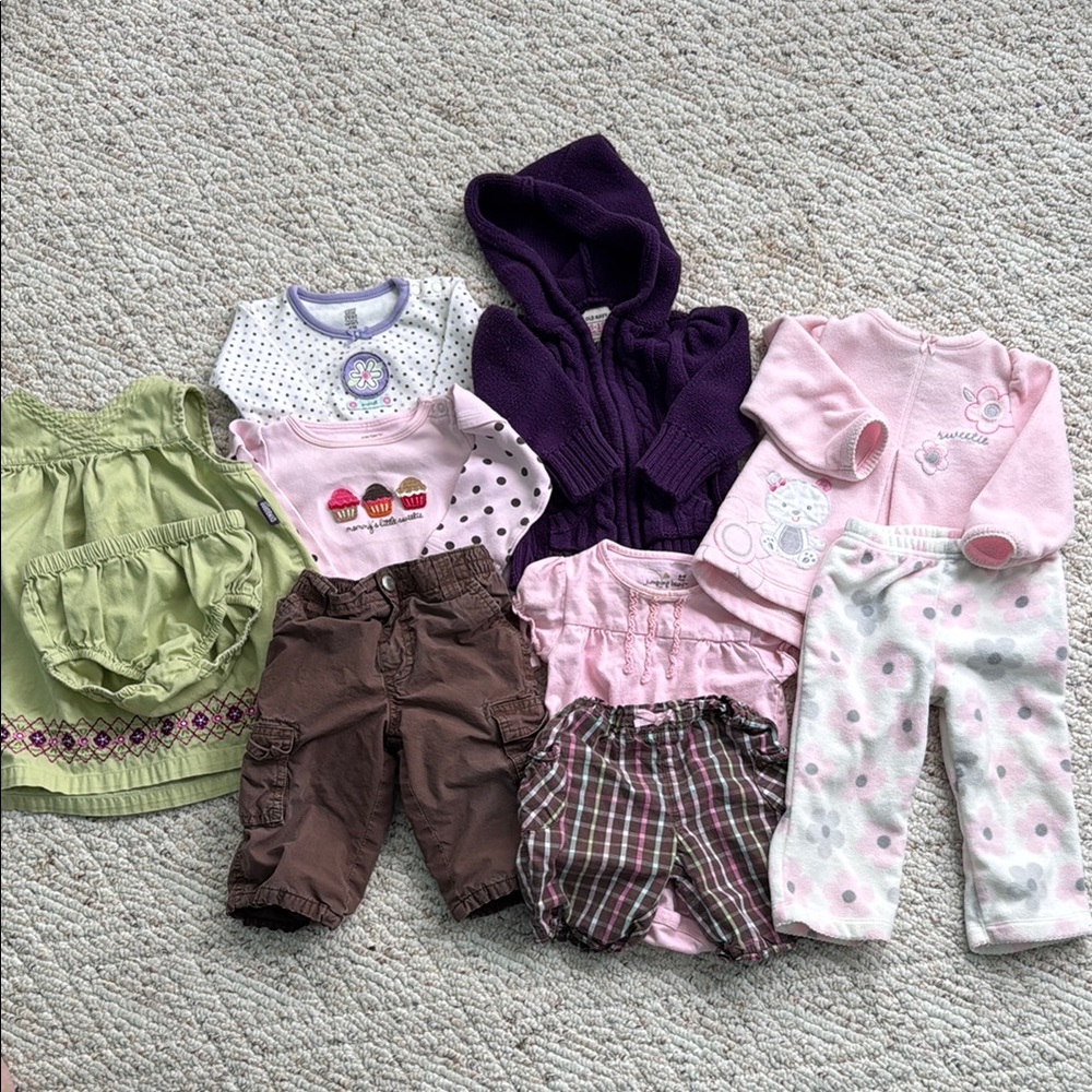 5 Outfit Baby Clothing Set Bundle- sizes 6-12m- purple, brown, pink, green